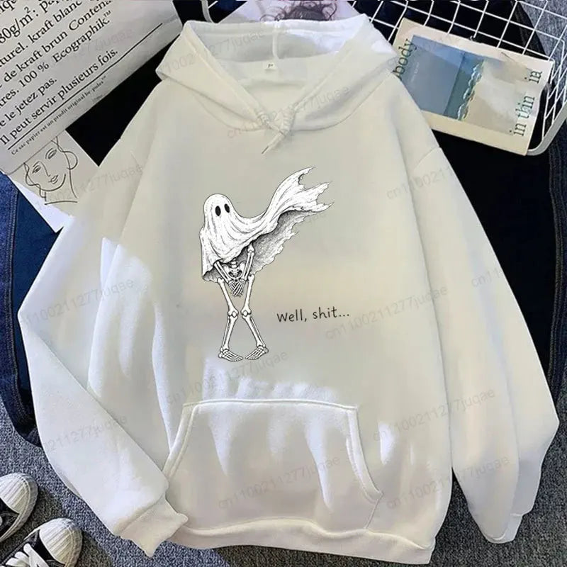 Funny Skeleton Ghost Women Hoodie Well Shit Graphic Hooded Sweatshirt Streetwear Punk Gothic Halloween Spooky Season Hoodie Gift