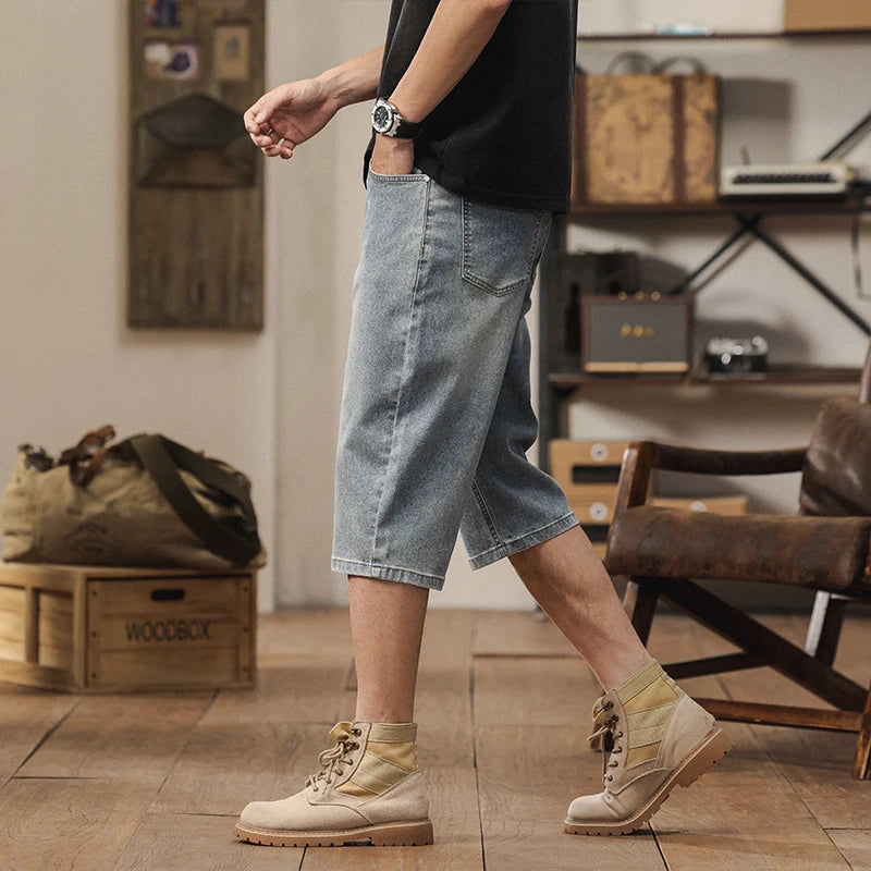 2025 New American retro cropped men wide leg jeans Y2k Gothic washed loose straight casual couple shorts sweatpants ATFH