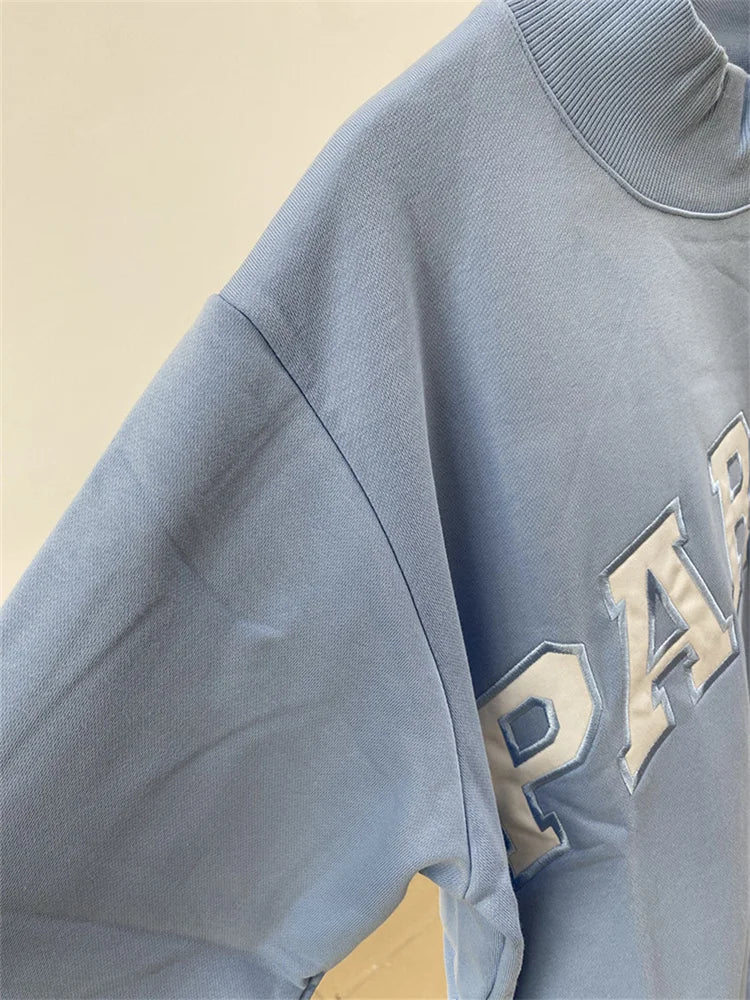 Letters Patch Embroidery Women Blue Sweatshirts Long Sleeve Vintage Female Stand Collar Pullover Casual Ladies Sports Top - ATFH