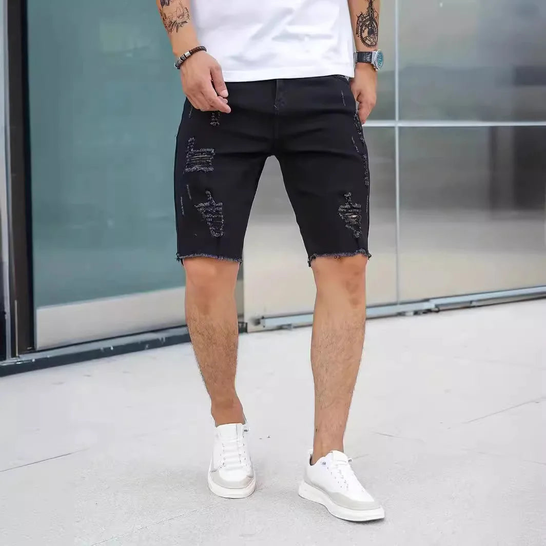 Summer Ripped Jeans Men Stretch Denim Shorts Male Short Jeans Slim Straight Shorts Fashion Black Jeans Man Clothes Streetwear ATFH