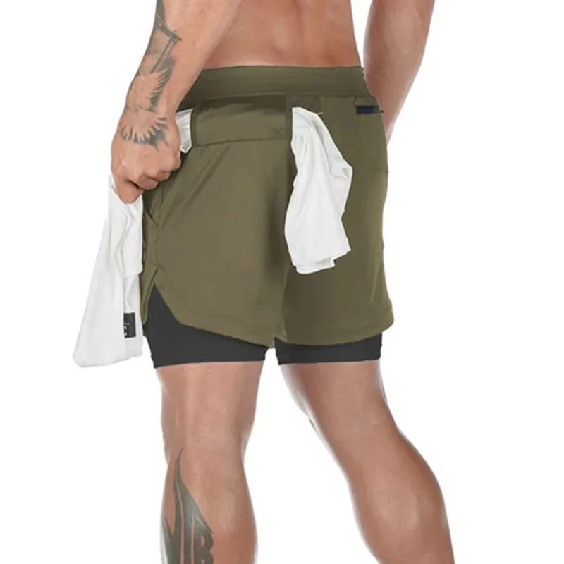 2 in 1 Men's Outdoor Running Shorts Quick-drying Fitness Training Double Layer Sweatpants New Sport Bottoms Bodybuilding Pants
