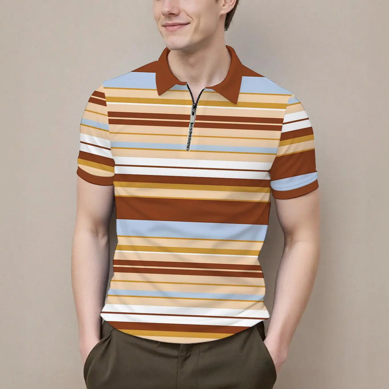 Summer men's polo shirt new summer short sleeve zipper stripes casual fashion versatile lapel men's business formal occasions