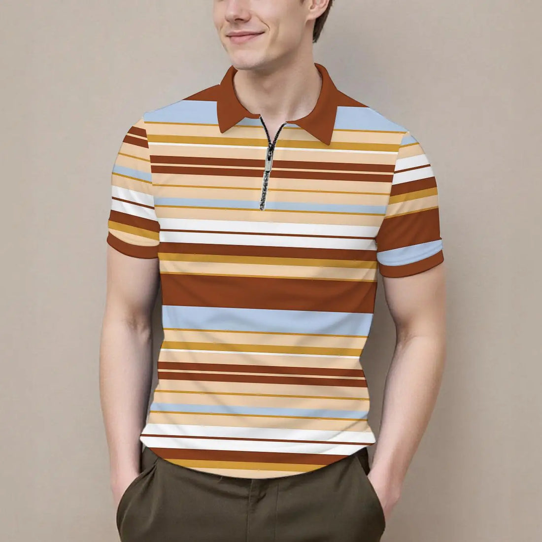 Summer men's polo shirt new summer short sleeve zipper stripes casual fashion versatile lapel men's business formal occasions