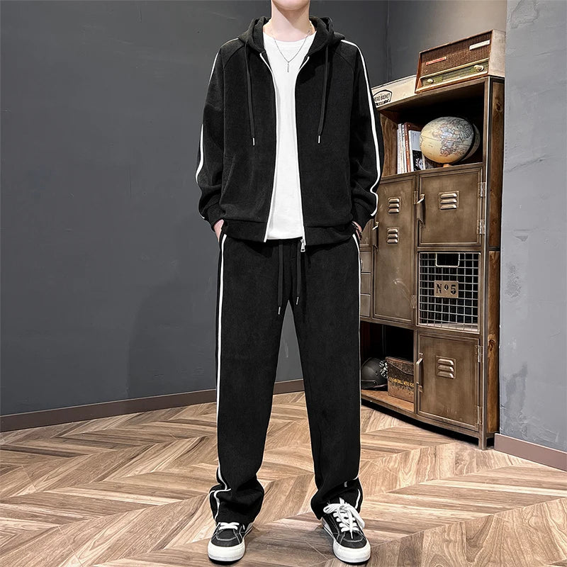 Big Size 8xl 7xl Corduroy Men's Tracksuit Set Black Hoodie Pants 2pcs Suits Autumn Winter Jacket Hooded Oversize Sportswear Man - ATFH