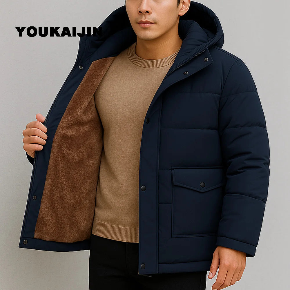 Men's Autumn Winter Jacket Mountain Windproof Hiking Hooded Warm Snow Coat Multi Pockets Casual Fleece Parkas Plus Size 5XL 6XL
