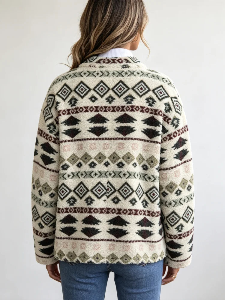 2026 New Women's Winter Fleece Jacket, Loose and Fitted, Soft and Warm, with Windproof and Anti-Pinch Design, Cream-Colored Aztec Geometric Print, Stand-Up Collar with Button Closure, a Rural Style Daily Winter Outfit Jacket