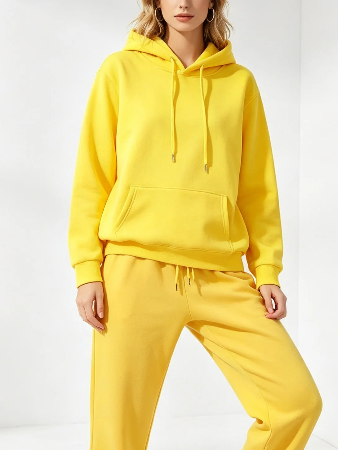 Women's Autumn and Winter Solid Color Minimalist Two-piece Set Hooded Sweat Casual Drawstring Leg Sweat Pants Home Suit