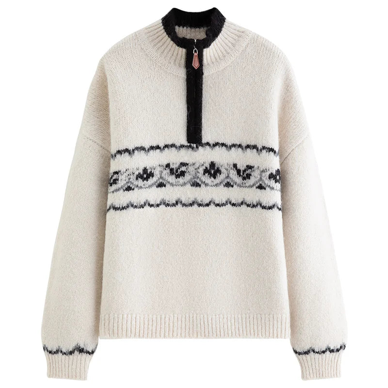 FSLE Vintage Fair Isle Jacquard Knit Sweater for Women 2025 Winter New Arrival Semi Open Front Zip-Up Pullover Winter Sweaters - ATFH
