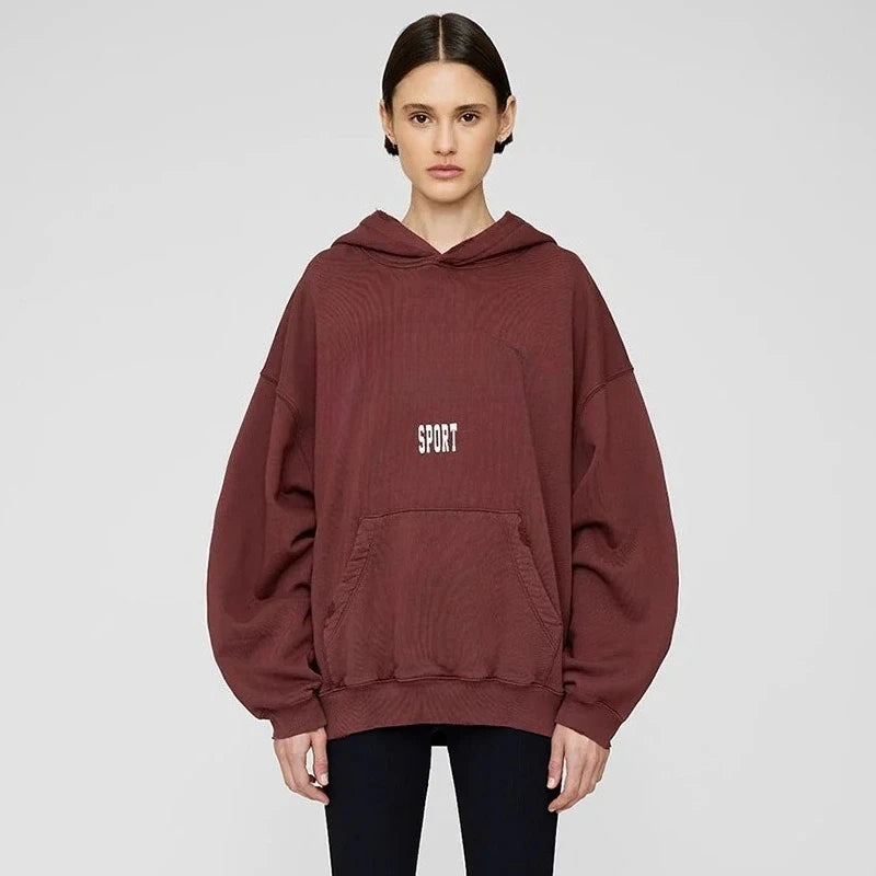 2026 Autumn Spring New North American Niche Classic Letter Printing Dyeing Fried Color Old Washing Water Women's Hooded Sweater - ATFH