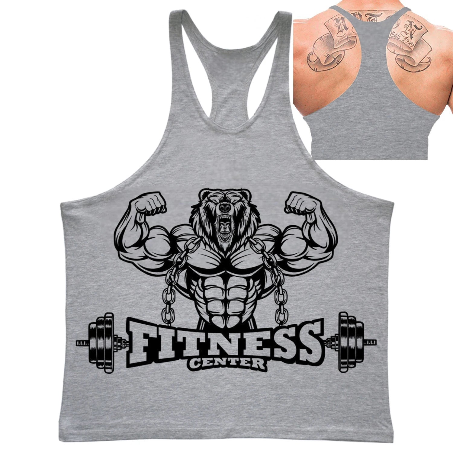 Men's Fitness Bear Graphic Stringer Tank Top, Bodybuilding Gym Vest, Summer Casual Street Fashion Sleeveless Shirt