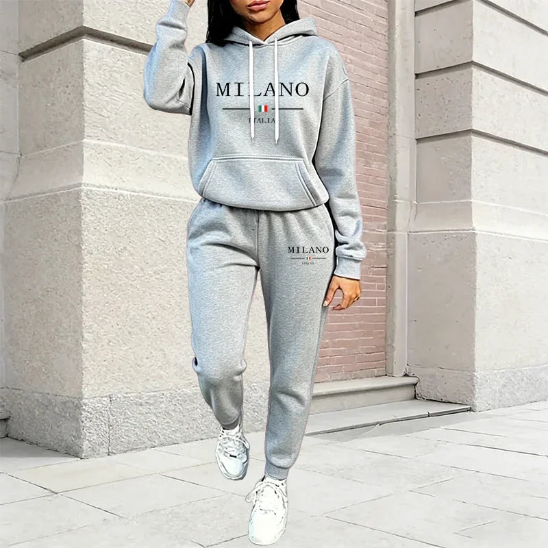 Fashion Women's Outfits Casual Hooded Sweatshirt Sweatpants 2 Pcs Suit Sports Jogging Clothes AutumnWinter Warm Woman Pants Sets