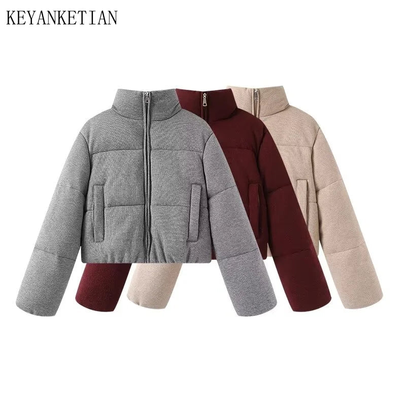 KEYANKETIAN Winter New Women's Stand up Collar Zipper Side Pocket Warm Knitted Cotton Jacket Breadms for Women coat ATFH