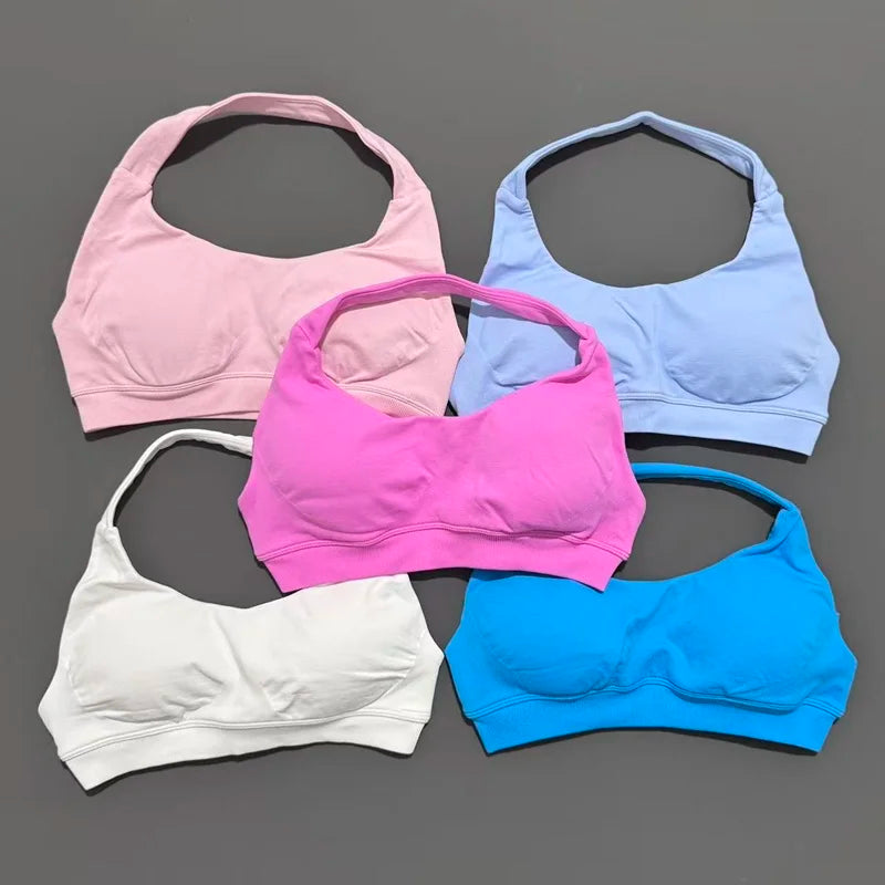 Histello Sports Bra Women Seamless Halter Clothes Neck Strap Padded Yoga Top Gym Backless Bra Running Sportswear Workout Tops - ATFH