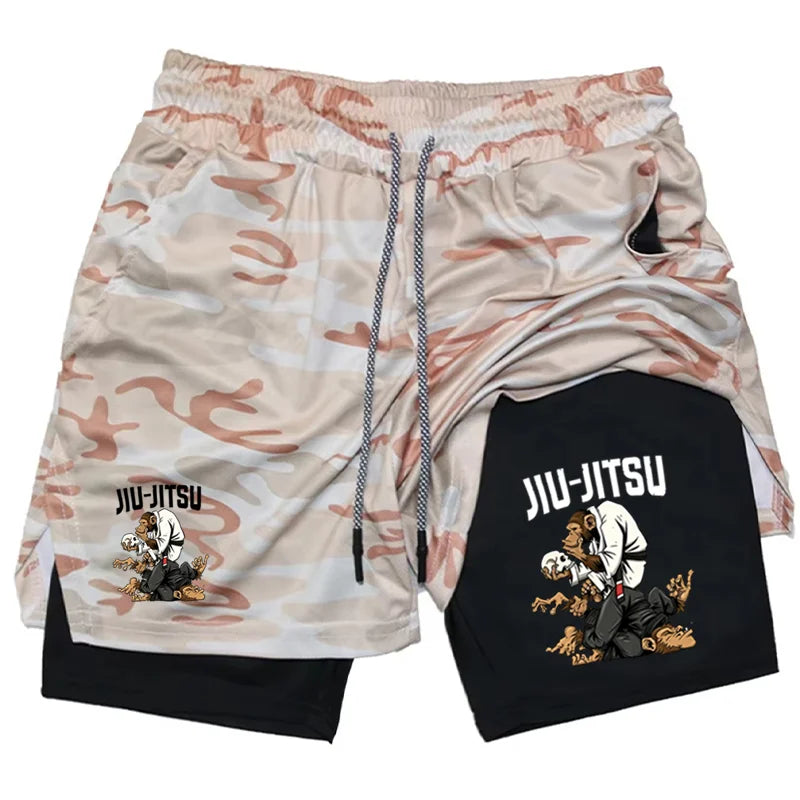Men's Jiu Jitsu Monkey Print 2-in-1 Compression Shorts Quick Dry Gym Training BJJ Sports Workout Shorts with Liner WX198