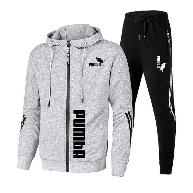New men's hooded sweatshirt and pants 2-piece set, spring and autumn outdoor casual zippered windproof men's sportswear set - ATFH