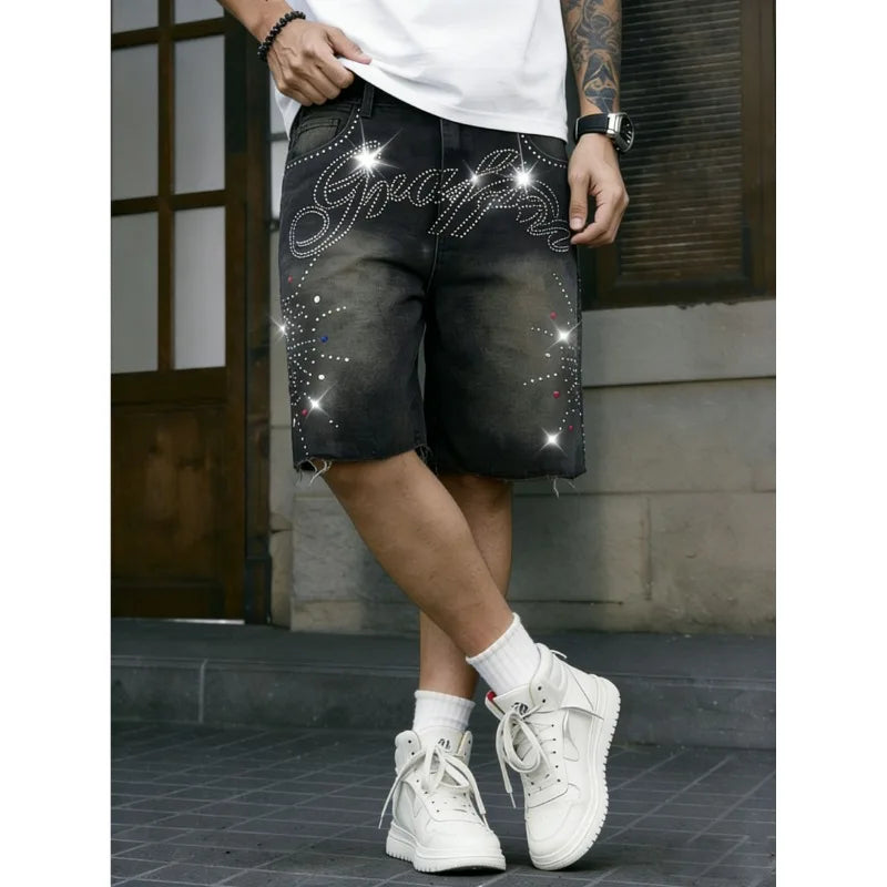American Streetwear Men's Non-Stretch Denim Shorts Rhinestone Letter Washed Frayed Hem Knee-Length Summer Jeans Shorts ATFH