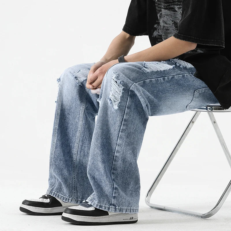 Men's Summer Ripped Jeans Loose Straight Leg Retro Men Draw Rope Port Fashion Brand All-match Casual Pants ATFH