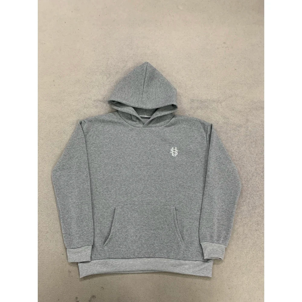 Solid Color Unisex Hooded Sweatshirt, Minimal Style Mini Embroidery Logo Drop Shoulder Loose Fashion Pullover Tops