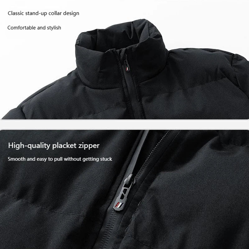 Winter Men's Stand Up Collar Zipper Parkas Thick Cotton Coats Solid Color Street Fashion Style Business Casual Jacket Plus Size