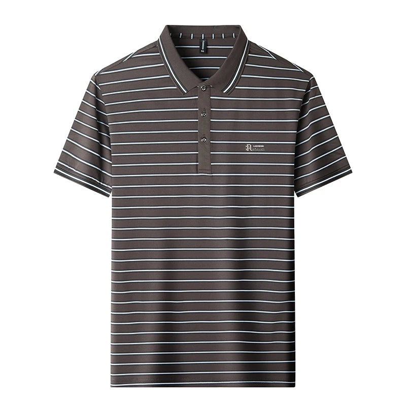 Trend brand letter embossed short sleeve polo shirt men high-quality striped Korean style summer new casual breathable T-shirt