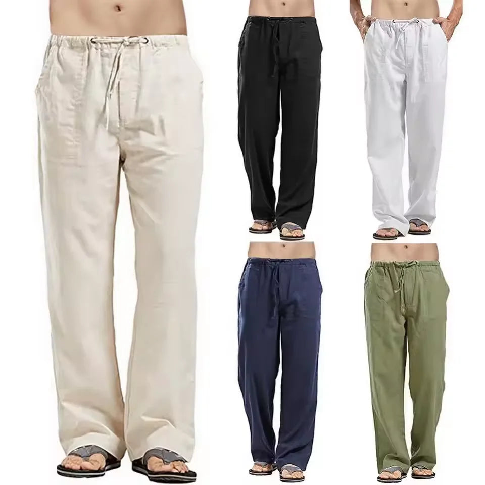 New Breathable Linen pants Mens 2-Pcs Summer Lightweight Cool Casual Pants Loose Drawstring Trousers Outdoor Work Classic Pants