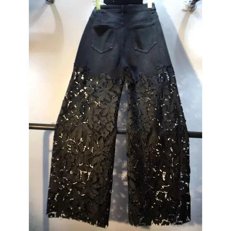 New Summer Denim Patchwork Hook Flower Hollow Lace Straight Leg Wide Leg Pants Casual High Waist Heavy Embroidery Rhinestone ATFH
