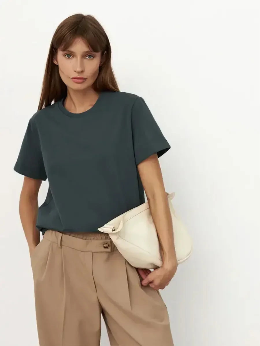Bornladies Summer 100% Cotton Women's T-shirt Bottoming Basic Fashionable Solid Lady Short Sleeve Loose Tops Shirts 230g/㎡ Tops - ATFH