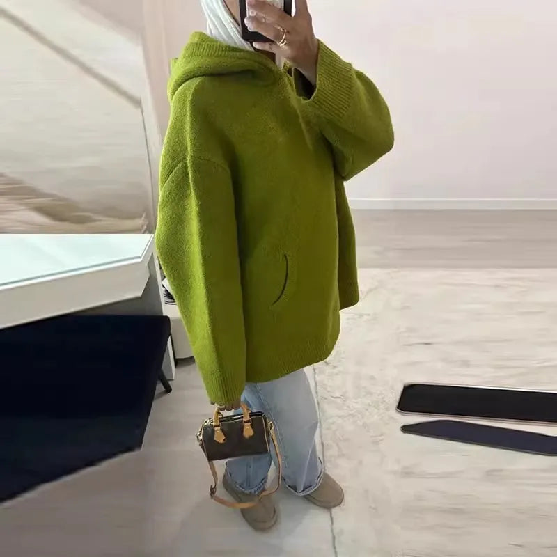 Casual Hooded Knitted Women's Sweater Solid Color Loose Full Sleeve Pocket Lady Pullover 2025 Autumn Winter New Female Top - ATFH