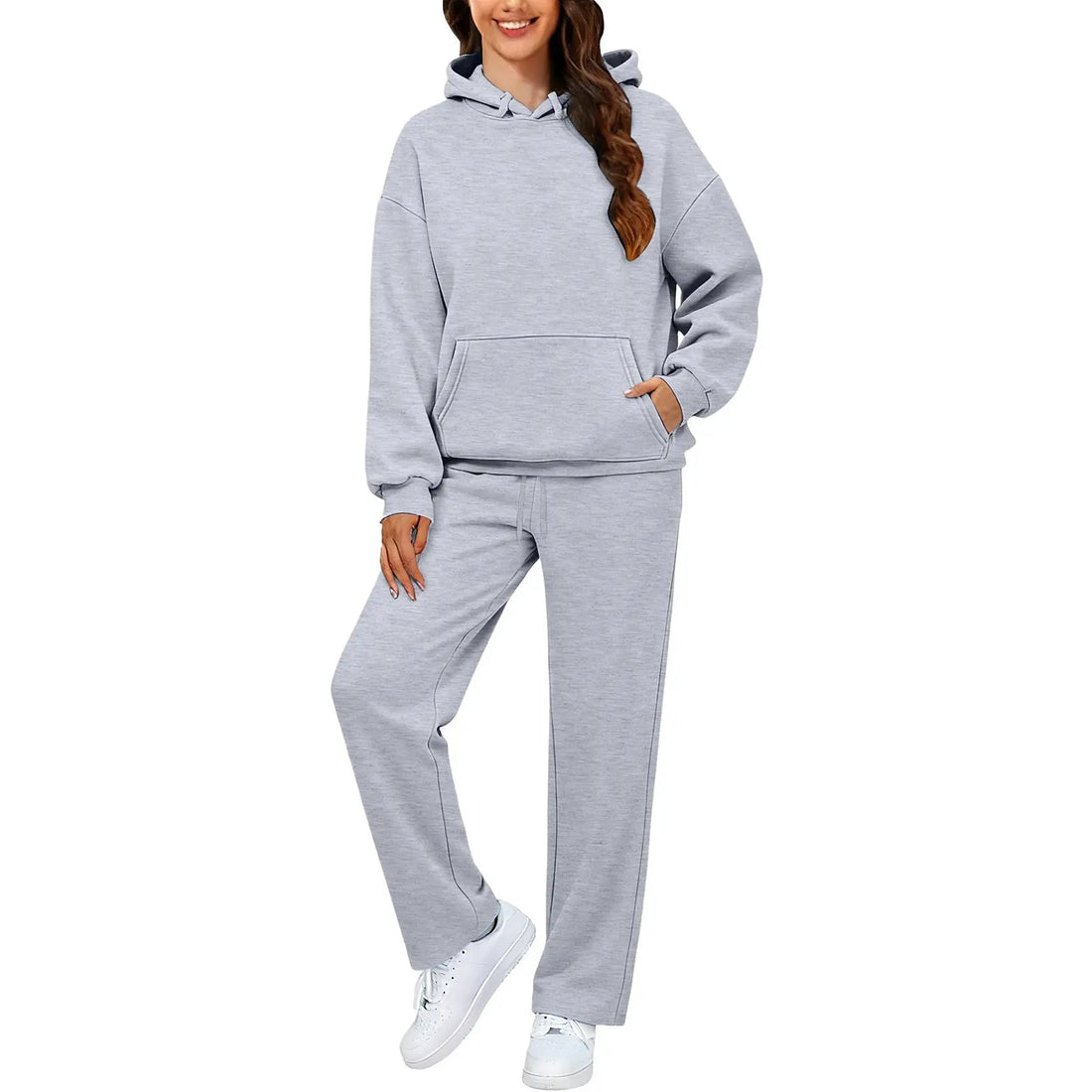 Autumn Winter Women Hoodie+Wide Leg Pants Two Pieces Casual Fleece Loose Long Sleeve Tracksuit Comfortable Sports Women Suit