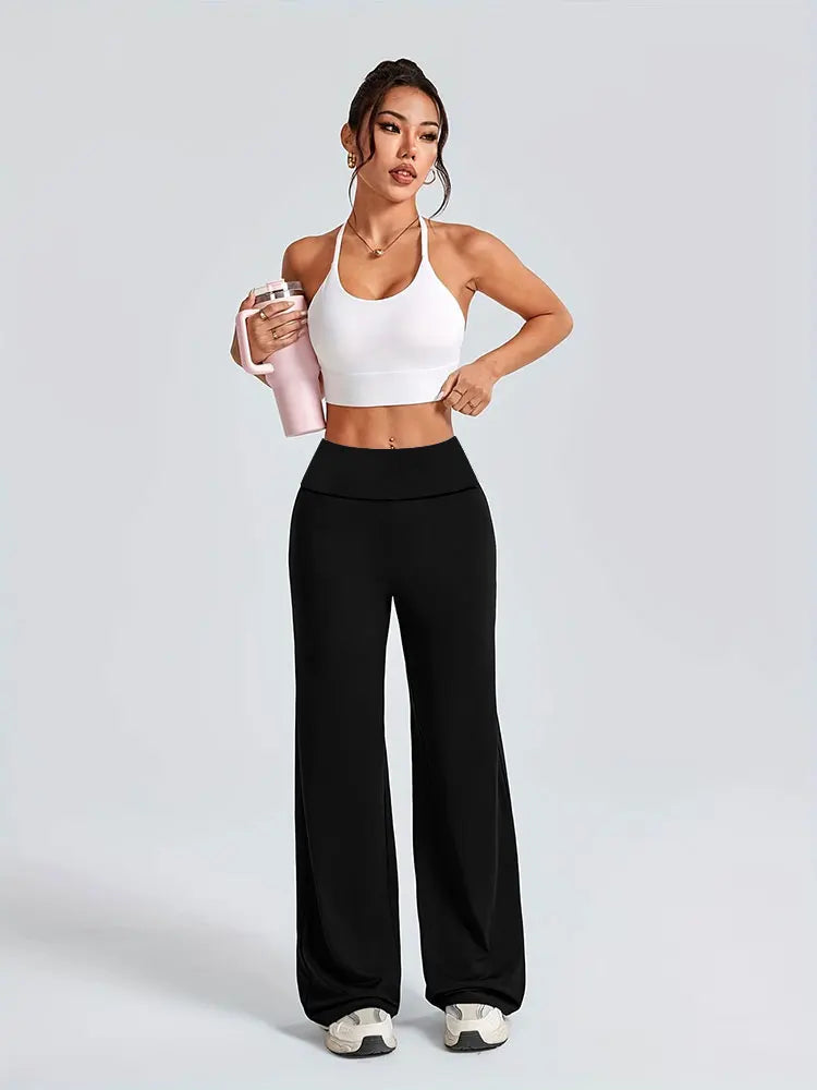 Solid Color Straight Wide Leg Pants Womens Mid Waist Yoga Leggings Fitness Tights Naked Feeling Pilates Running Sports Trousers