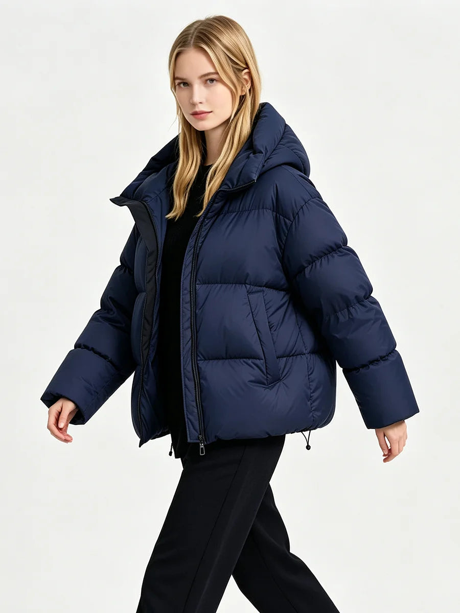RU Women Hooded Short Puffer  Zip‑Up Loose Long Sleeve Drawstring Hood Warm Winter Female Outerwear
