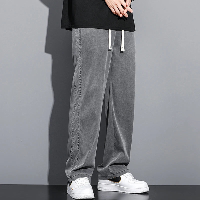 2024 Spring/Summer New Soft Lyocell Fabric Men's Jeans Thin Loose Straight Leg PantsDrawstring Elastic Waist Korean casual pants ATFH