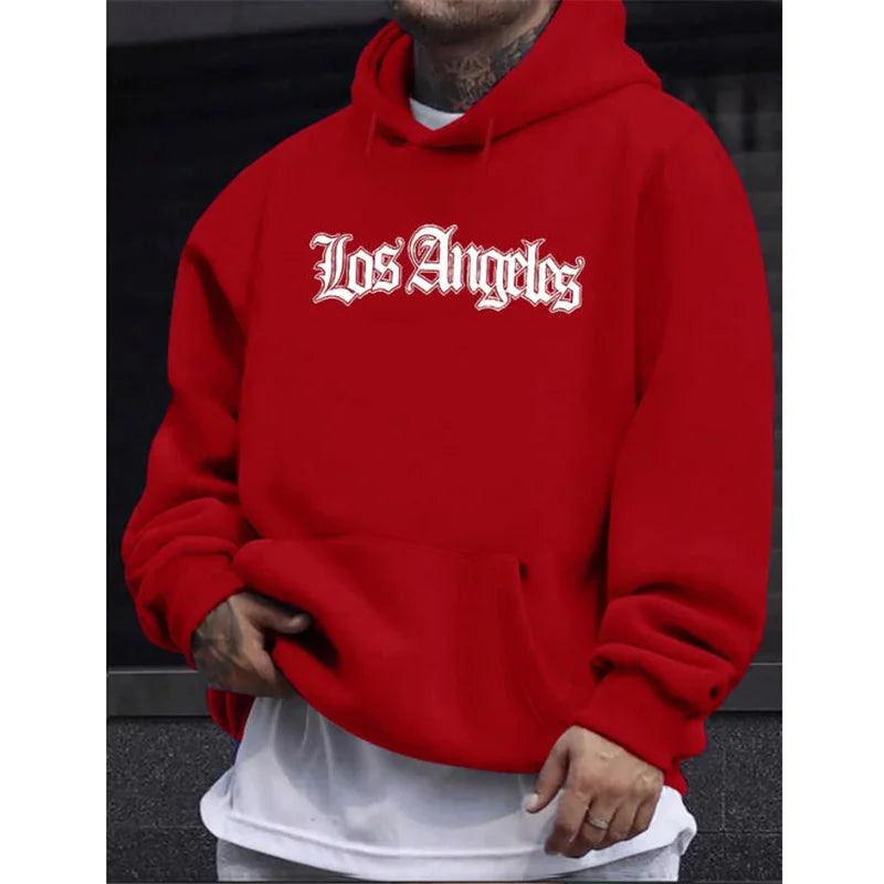 Men's autumn and winter casual fashion loose hoodie Los Angeles letter printed long sleeved warm pullover sweater - ATFH
