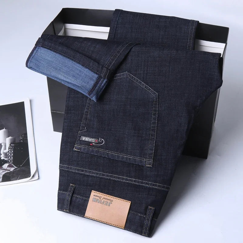 New Ice Silk Thin Denim Jeans For Men Blue Straight Stretch Cotton Pants Business Casual Lightweight Trousers Spring Summer ATFH