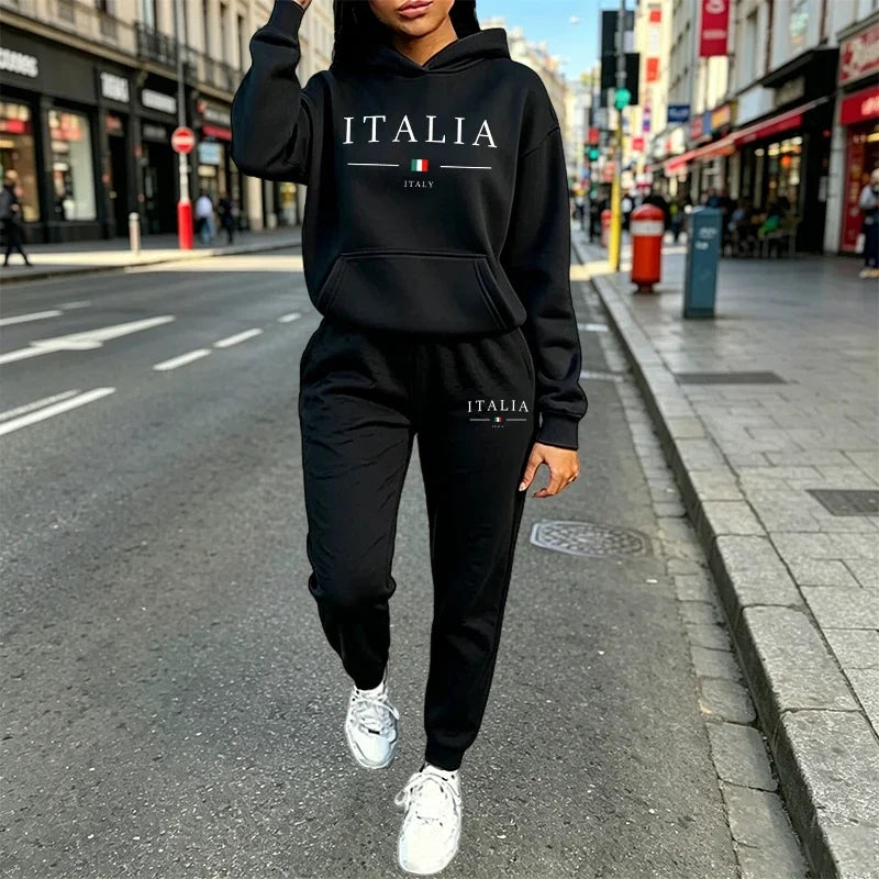 Casual Women's Outfits Print Hooded Sweatshirt 2 Pcs Suit Daily Sports Jogging Sportswear Clothing AutumnWinter Woman Pants Sets