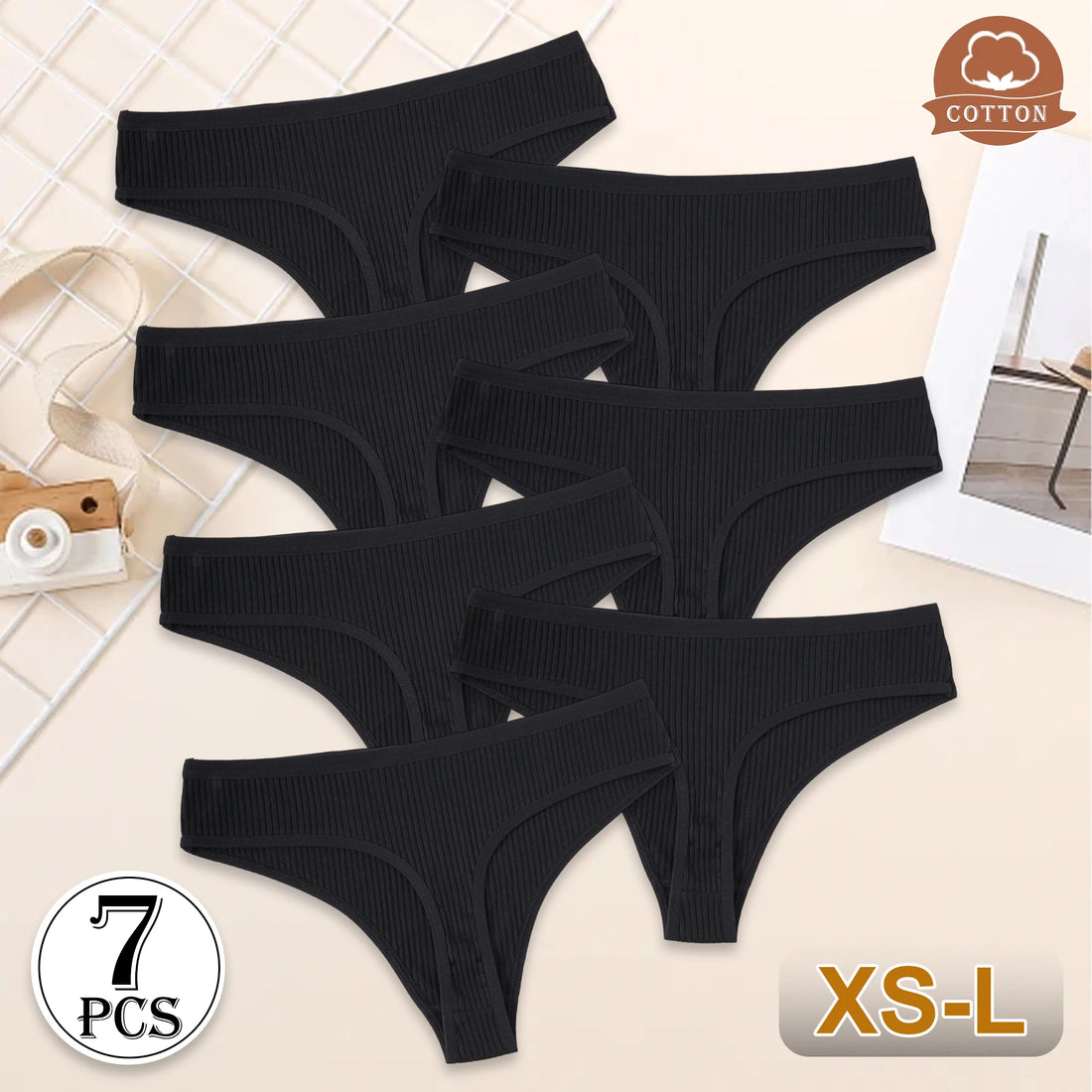 7PCS New Black Cotton Women's G-Strings Female Low Rise Striped Thongs Panties Sexy Bikini Breathable T-Back Intimates Lingerie