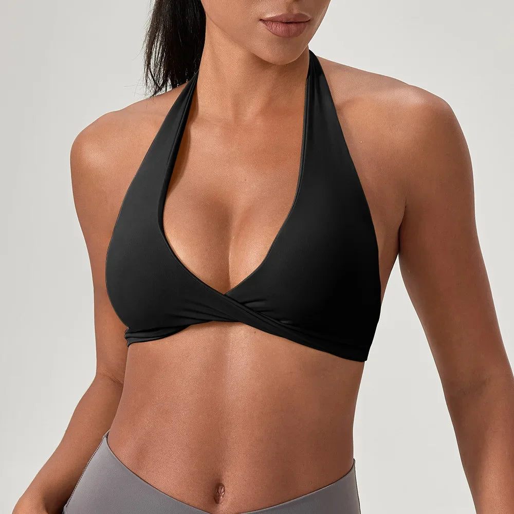 Strappy Bra for Women Open Back Halter Sports Bra Light Support Gym Crop Top Seamless Workout Yoga Top Bra Padded Bras - ATFH