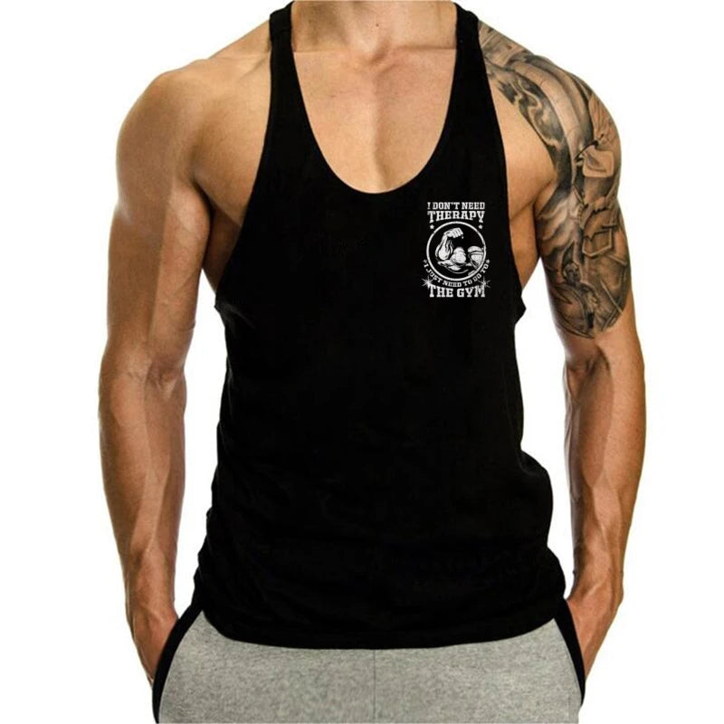Men's "I don't need therapy, just the gym" Muscle Graphics Stringer Vest-Sleeveless Fitness, Bodybuilding and Plus Size Exercise