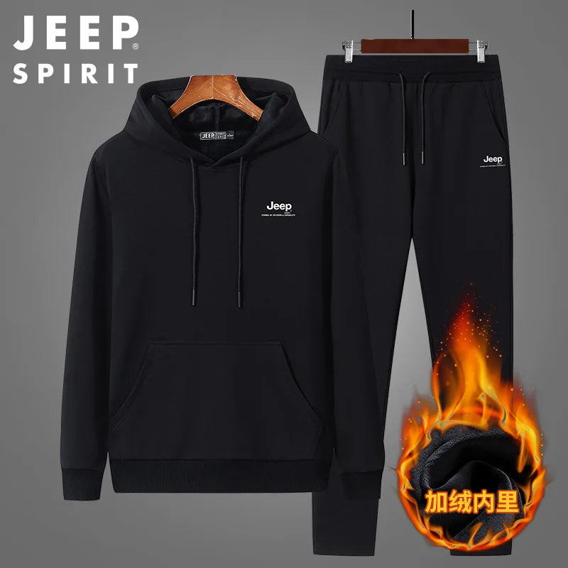 JEEP SPIRIT Suit Men Sweater Hoodie + Casual Trousers Sportswear Casual Autumn and Winter Plus Velvet Thick Warm Two-piece Set - ATFH