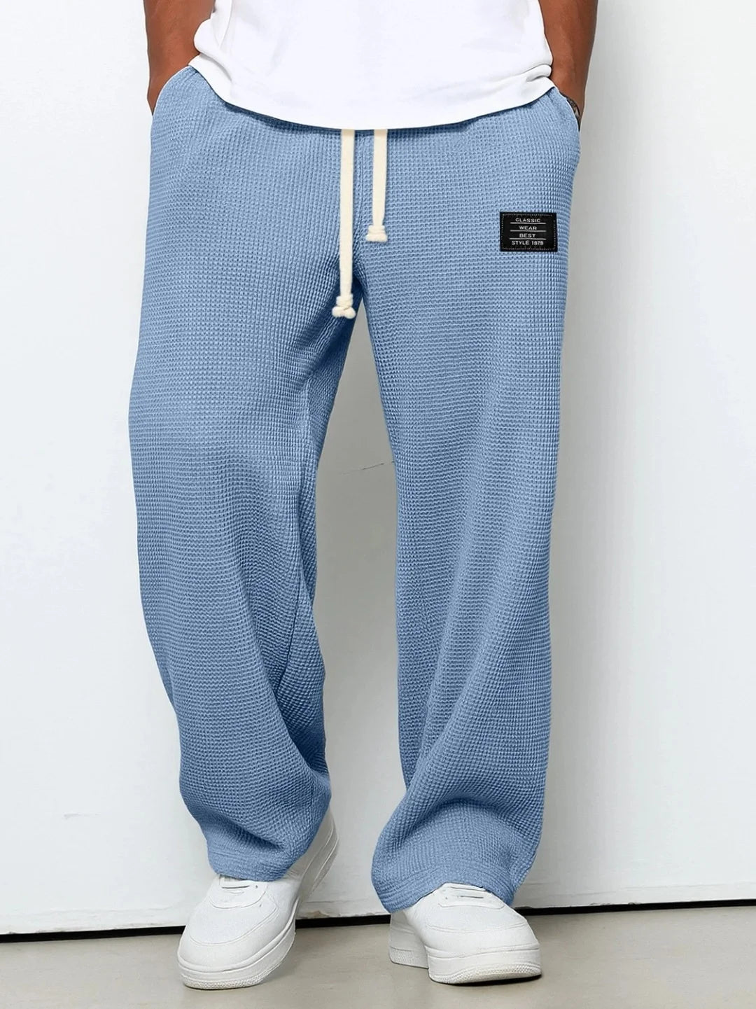 Men's spring-summer trendy brand loose-fitting stretchy straight-leg sweatpants. Waffle fabric. Micro-bouncy sporty casual pants