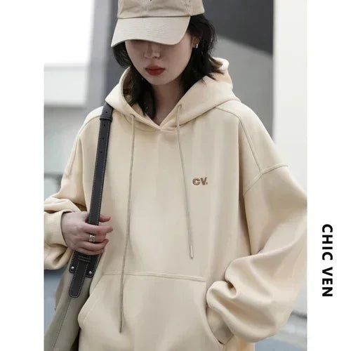 CHIC VEN Women's Sweatshirts Casual Hooded Soild Letter Embroidered Tops Loose Plush Warm Pullover for Woman Autumn Winter 2023