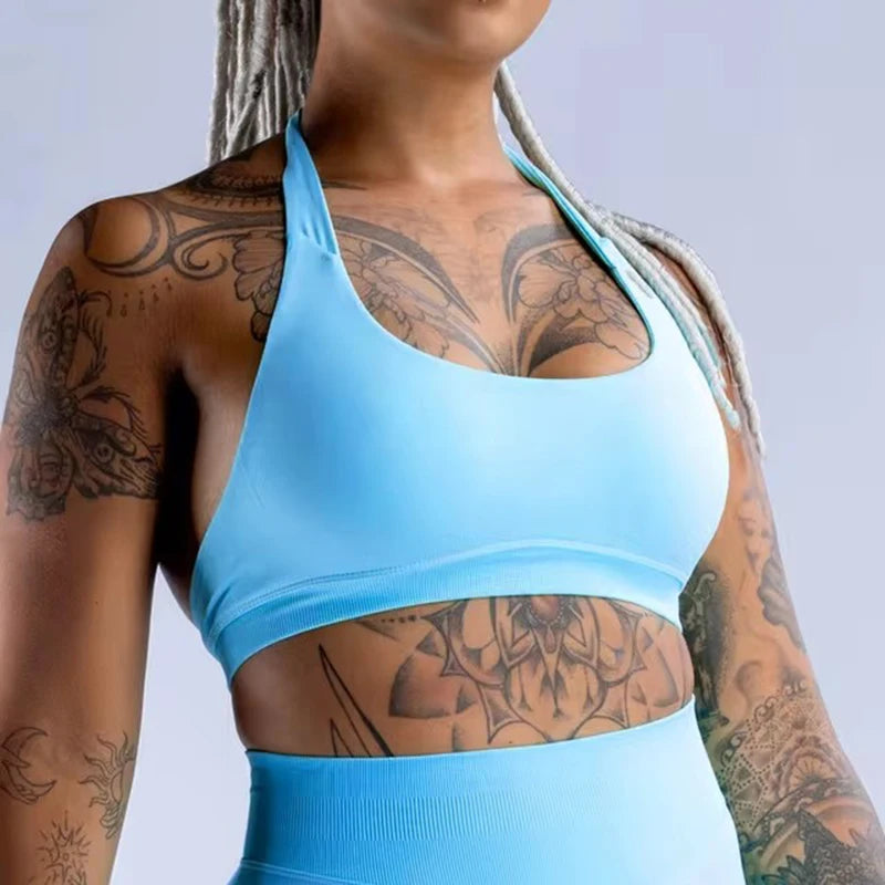 Impact Sports Bra Women Seamless Halter Neck Strap Yoga Bra With Padded Sexy Open Back Yoga Top Bra Medium Support Gym Crop Top - ATFH