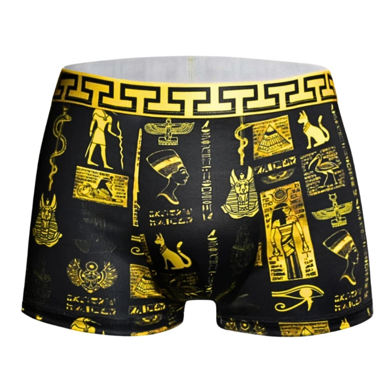 Mens Egyptian Gold Black Boxer Briefs Luxury Greek Key Pattern Party Rave Outfit Underwear for Trendsetters Cool Festival Shorts