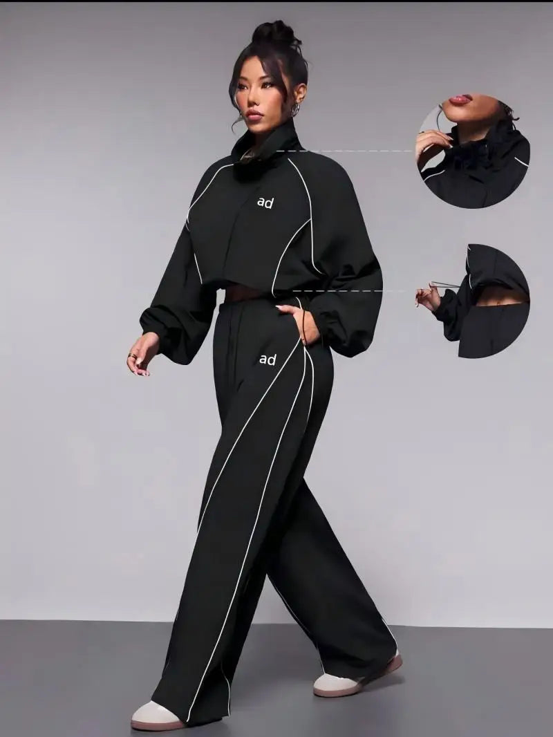 2-piece set of new casual women's fashion contrasting drawstring sports jacket, long pants long sleeved jacket set