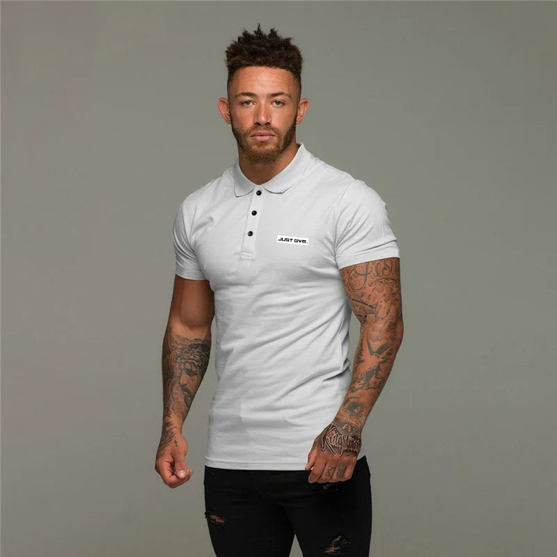 Fashion Lapel Tight Polo Shirts Cotton Breathable Short Sleeves T-Shirts Gym Workout Muscle Tops Mens Bodybuilding Fitness Polos