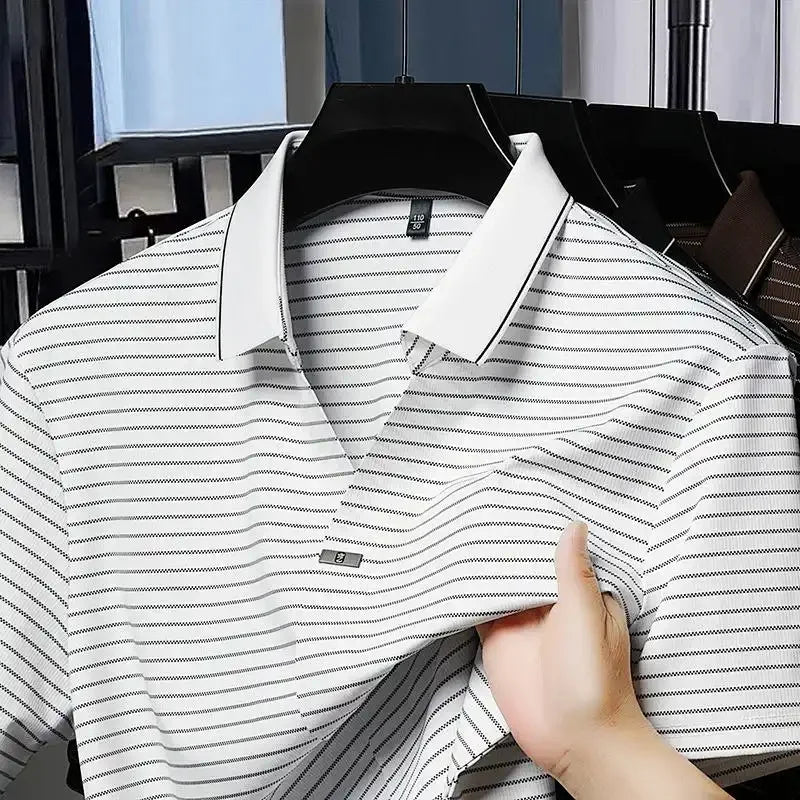 Ice Silk Short-sleeved Striped Men's T-shirt Summer New Lapel POLO Shirt Casual Fashion Top