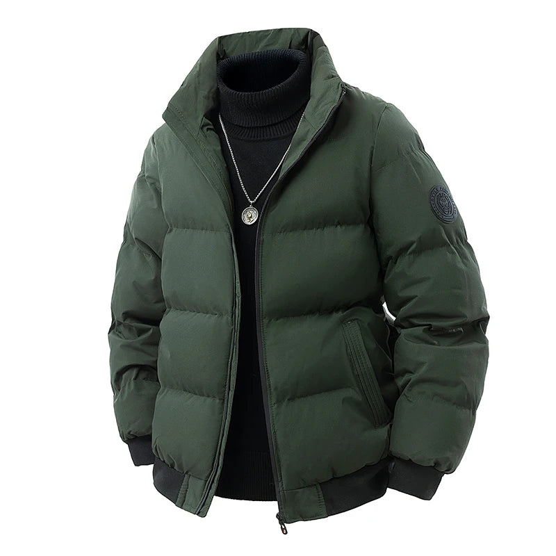 Winter Men's Stand Up Collar Zipper Parkas Thick Cotton Coats Solid Color Street Fashion Style Business Casual Jacket Plus Size