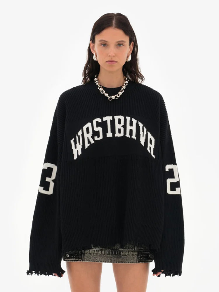 Fashion Solid Letter Print Pullover Women O-neck Long Sleeve Knitted Oversized Sweater Female Autumn Chic Casual Loose Knitwear - ATFH