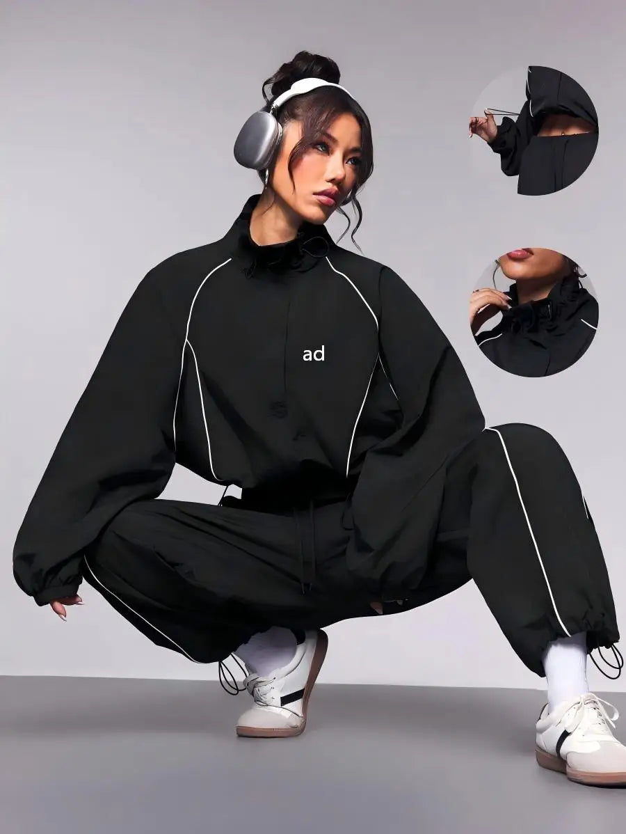 2-piece set of new casual women's fashion contrasting drawstring sports jacket, long pants long sleeved jacket set