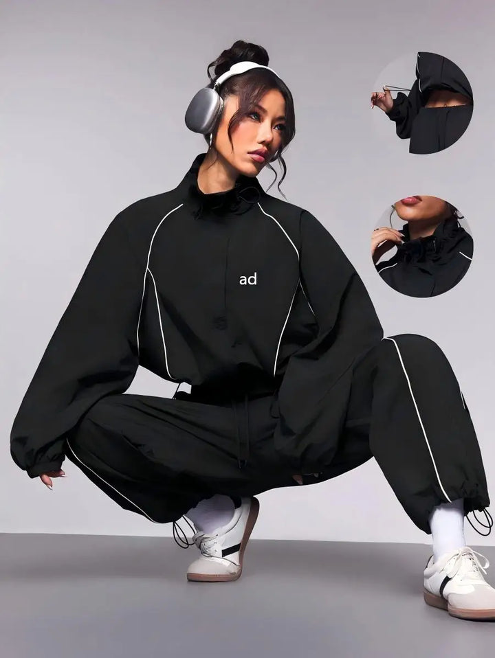 2-piece set of new casual women's fashion contrasting drawstring sports jacket, long pants long sleeved jacket set